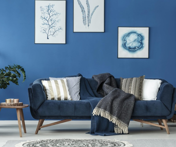 Gemütlich eingerichtetes Wohnzimmer mit dunkelblauer Couch vor blauer Wand
